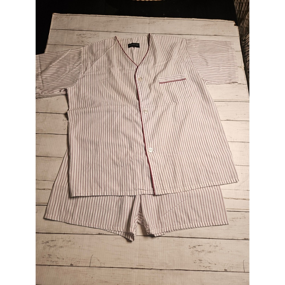 Botany 500 Mens Vintage Pajama Set Striped Short Sleeve Top and Shorts White XL